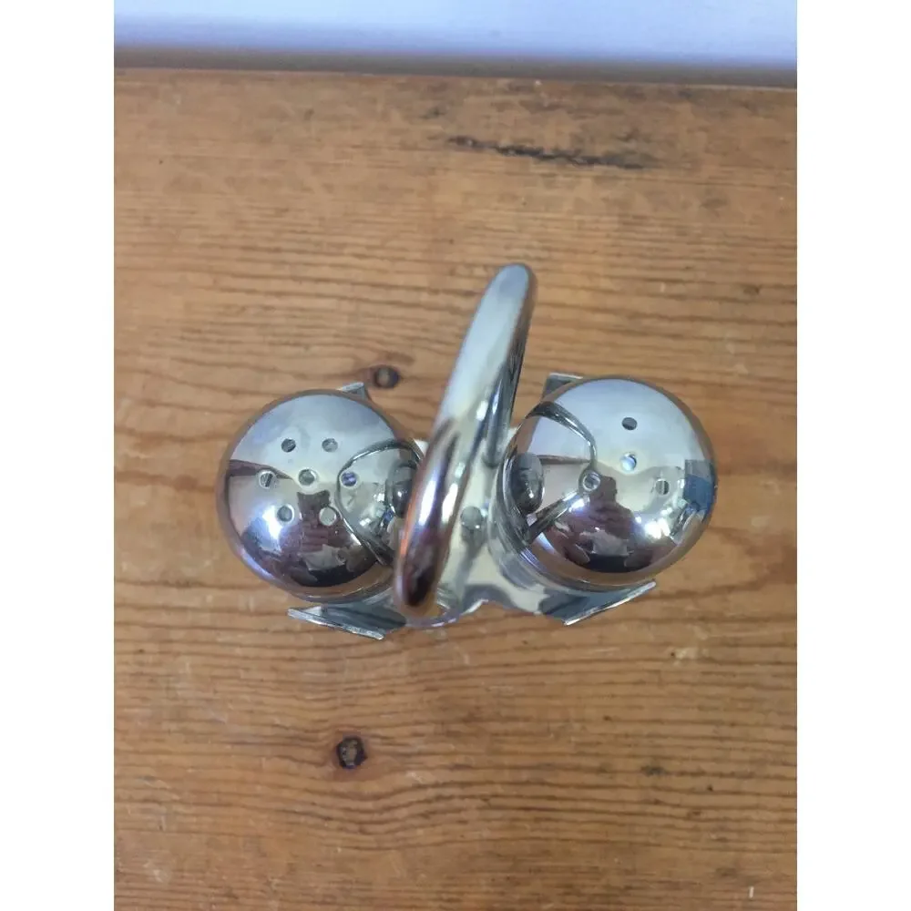 Vintage Art Deco Style Italian Glass Shiny Chrome Salt Pepper Shakers w Stand